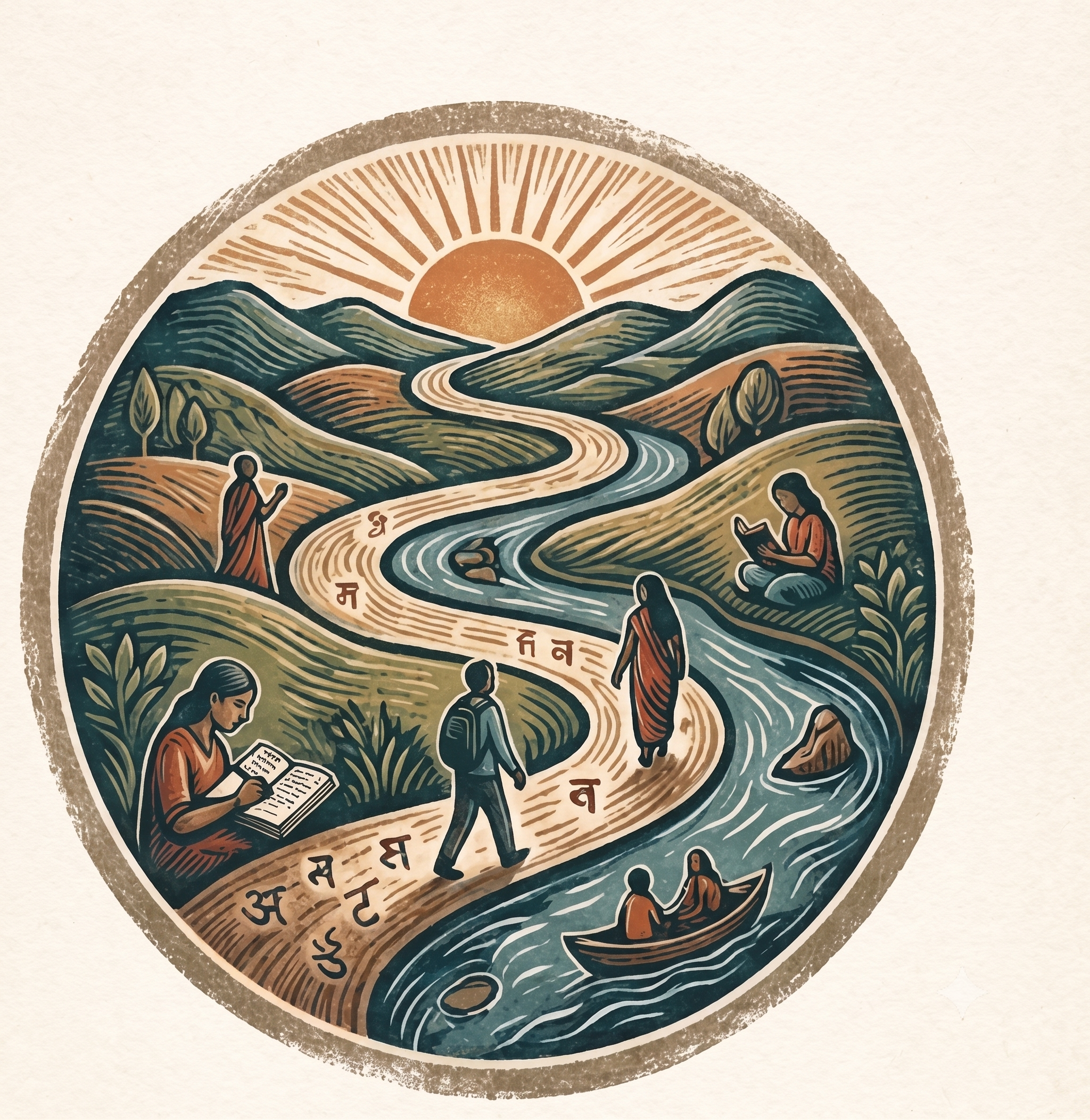 Illustration of a winding river through hills, with figures reading, walking, and traveling along its path — symbolizing the journey of Charaiveti Press's writers