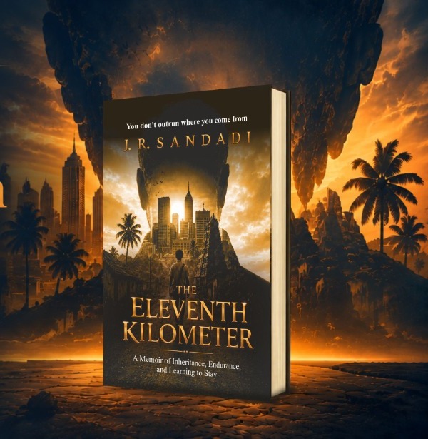 Cover of The Eleventh Kilometer by J.R. Sandadi, set against a city skyline and palm trees at sunset