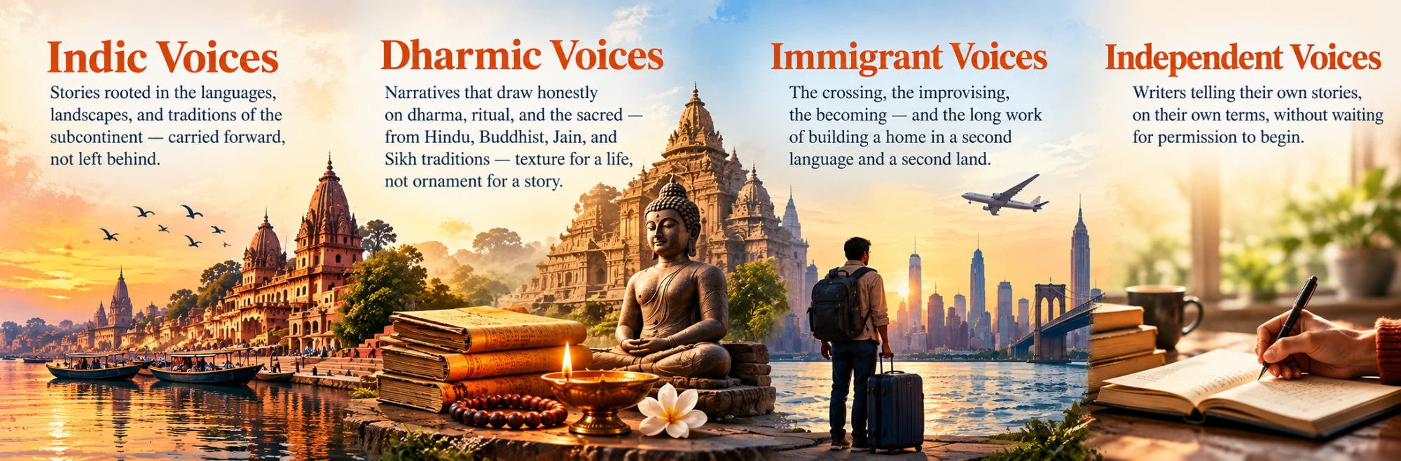 Indic Voices: stories rooted in the languages, landscapes, and traditions of the subcontinent — carried forward, not left behind. Dharmic Voices: narratives that draw honestly on dharma, ritual, and the sacred — from Hindu, Buddhist, Jain, and Sikh traditions — texture for a life, not ornament for a story. Immigrant Voices: the crossing, the improvising, the becoming — and the long work of building a home in a second language and a second land. Independent Voices: writers telling their own stories, on their own terms, without waiting for permission to begin.